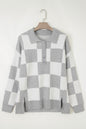 Gray Plus Size Checkered Pattern Button Polo Collar Split Sweater