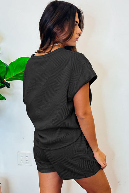 Schwarzes, trendiges, strukturiertes, paillettenbesetztes Baseball-Shorts-Set mit Grafik