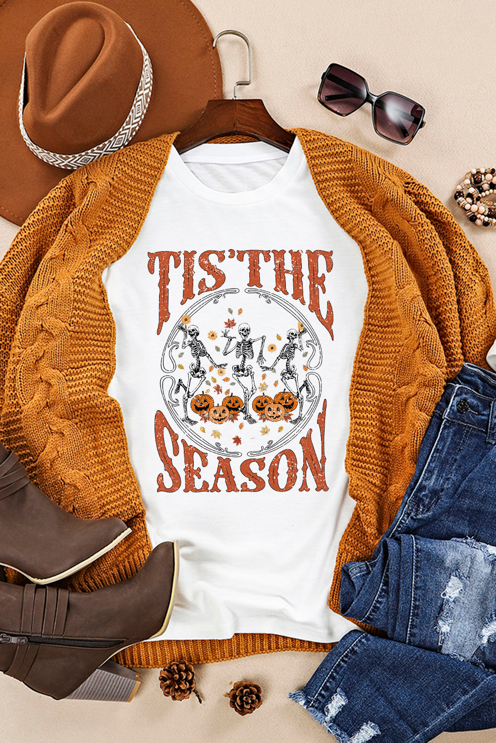 Weißes Halloween-T-Shirt mit tanzendem Skelett-Grafik