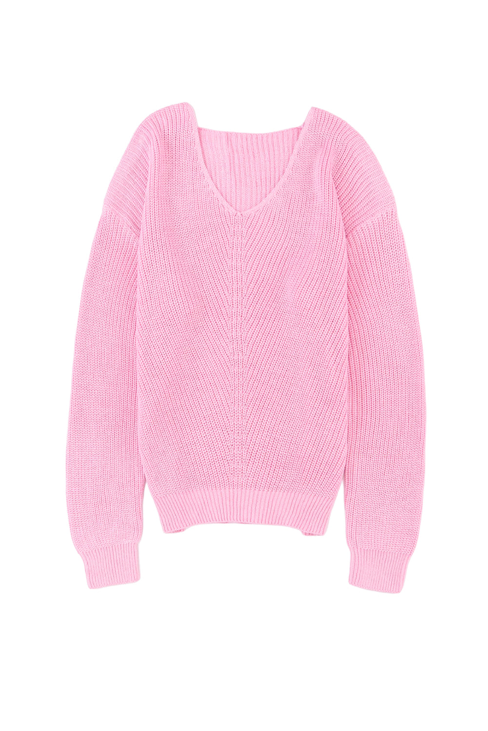 Rosa Rippstrickpullover mit V-Ausschnitt