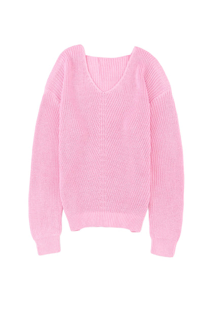 Rosa Rippstrickpullover mit V-Ausschnitt
