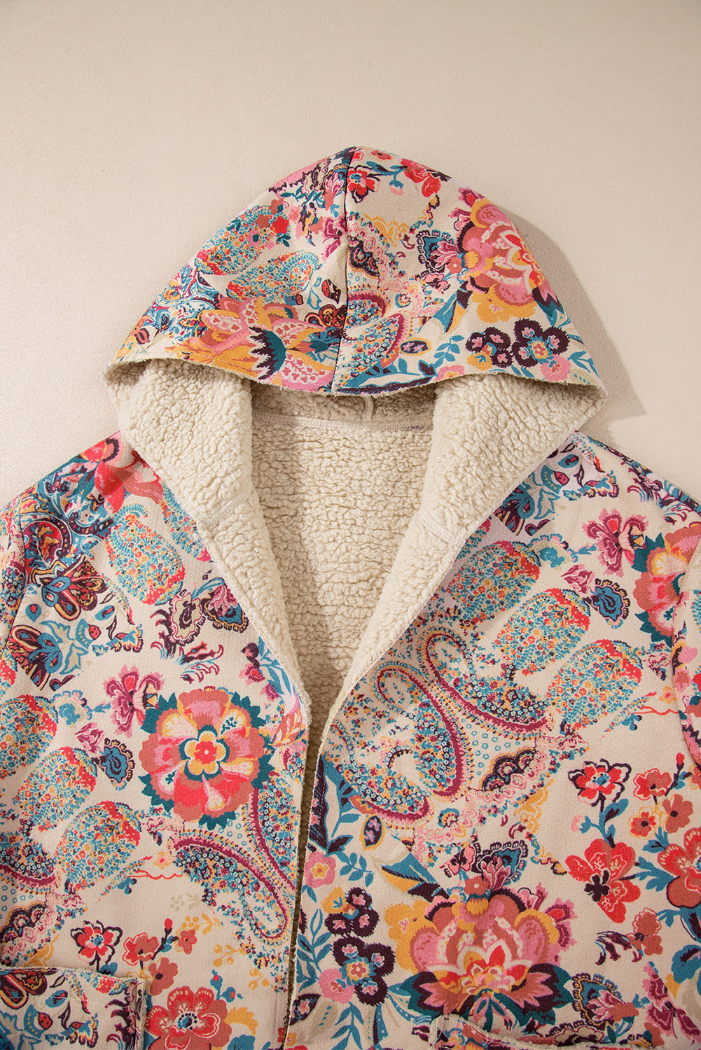 Beige Vintage Paisley Blumendruck Sherpa-gefütterte Kapuzenjacke