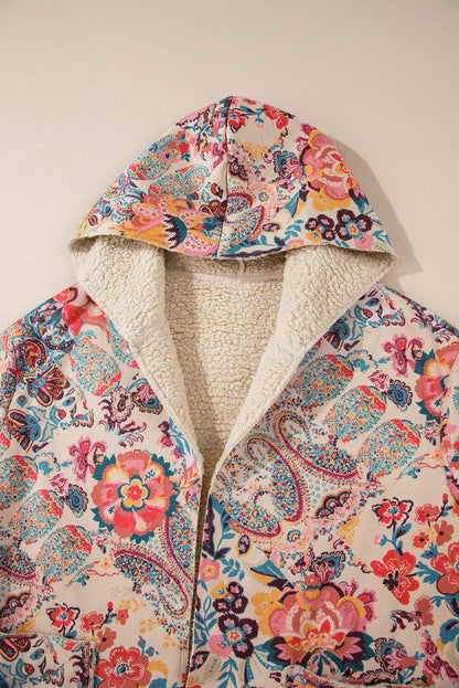 Beige Vintage Paisley Blumendruck Sherpa-gefütterte Kapuzenjacke