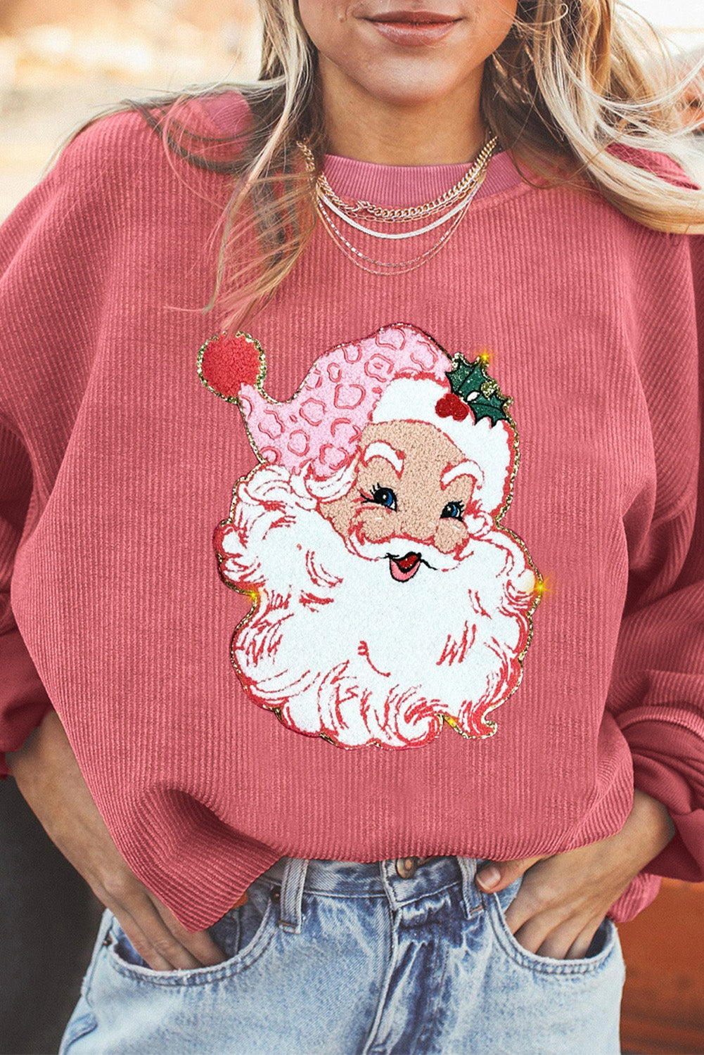 Erdbeerrosa Glitzerndes Sweatshirt mit Rundhalsausschnitt und Kordelzug mit Weihnachtsmann-Motiv