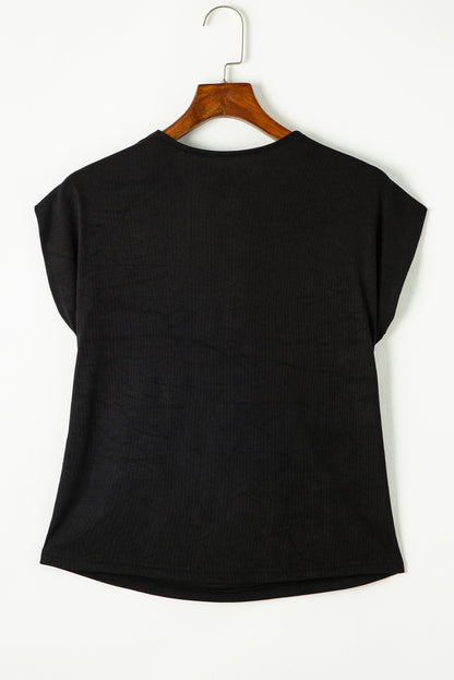 Schwarzes T-Shirt mit Wasserfallausschnitt und Fledermausärmeln