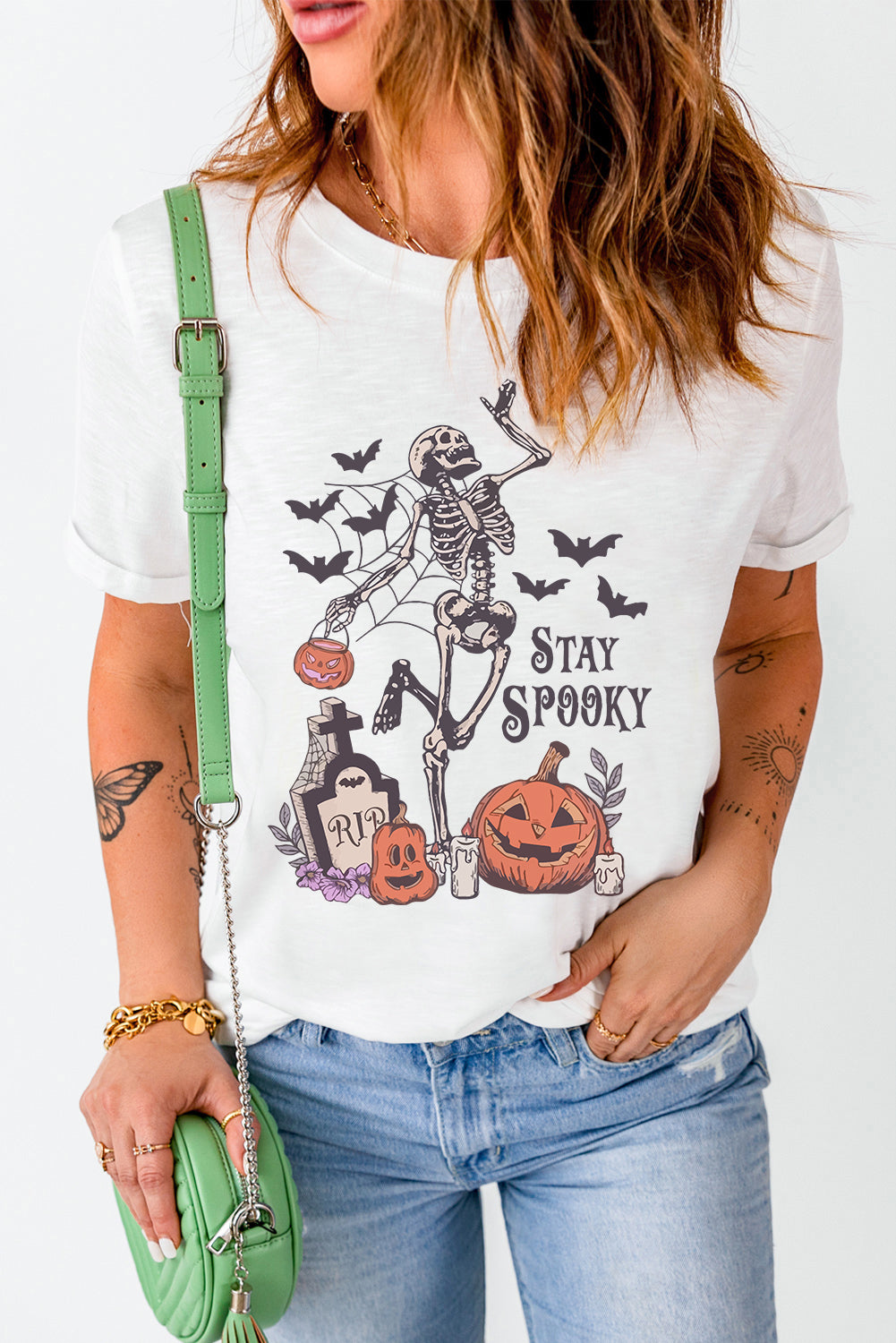 Halloween-T-Shirt mit Totenkopf-Kürbis-Gesicht, Motiv: STAY SPOOKY, Grafik