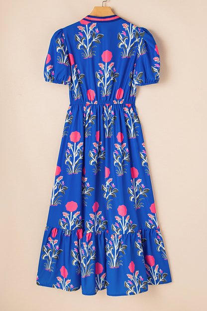 Himmelblaues Maxikleid mit Blumenmuster, kurzen Ärmeln, V-Ausschnitt und hoher Taille