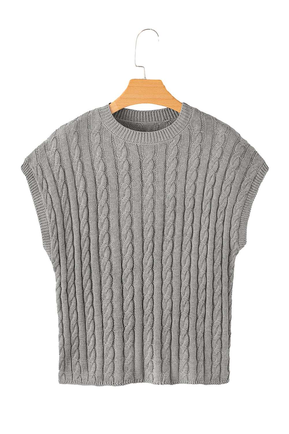 Grauer, kurzärmliger Pullover mit Rundhalsausschnitt und Zopfmuster