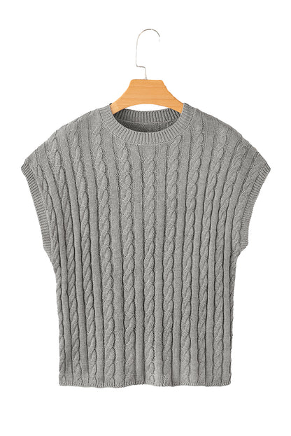 Grauer, kurzärmliger Pullover mit Rundhalsausschnitt und Zopfmuster