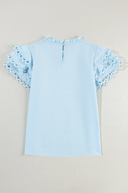 Beau Blue Layered Ric Rac Cap Sleeve Filled Neck Blouse