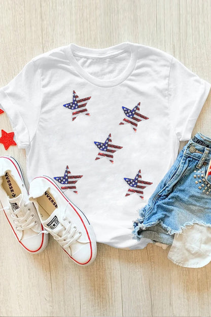 Weißes T-Shirt mit Pailletten und amerikanischer Flagge und Stern-Grafik
