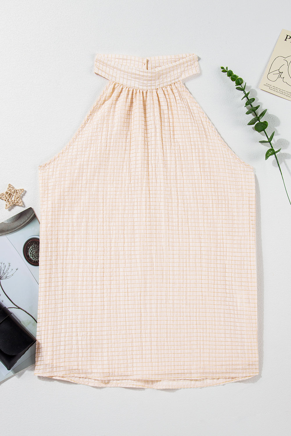 Apricot Halter Button Keyhole Back Textured Sleeveless Top