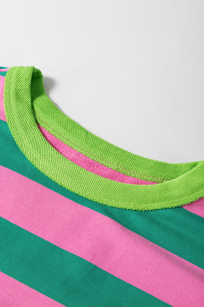 Rosa gestreiftes Stern-Patchwork-Pullover-Sweatshirt mit Rundhalsausschnitt