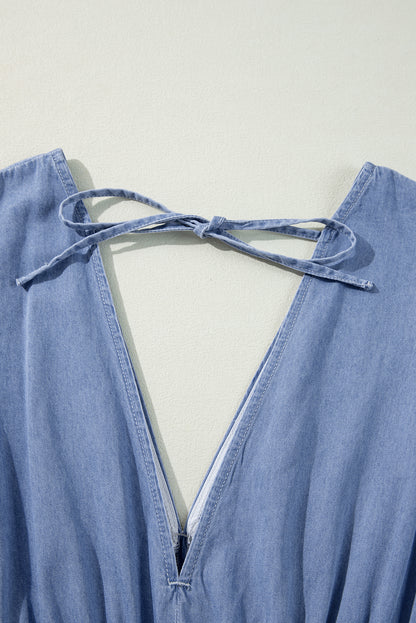 Myosotis Chambray Maxikleid mit tiefem V-Ausschnitt und Armbandärmeln