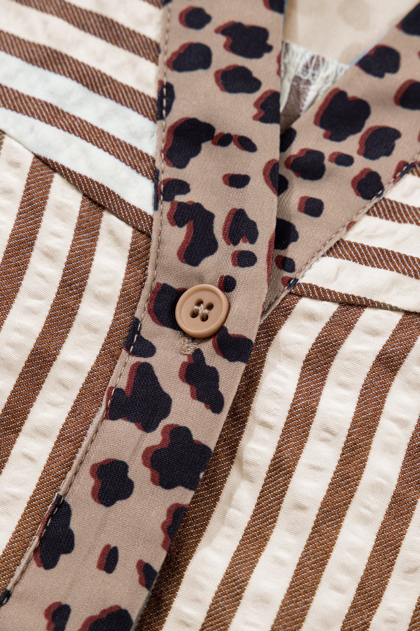 Brown Stripe Leopard Trim V Neck Button Down Half Sleeve Shirt