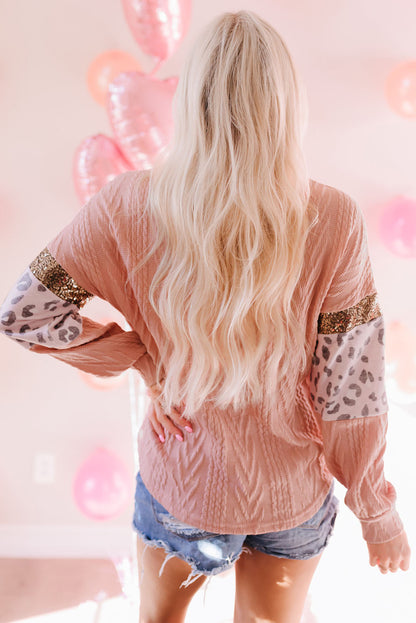 Rosa Strickoberteil mit Leopardenmuster und Pailletten