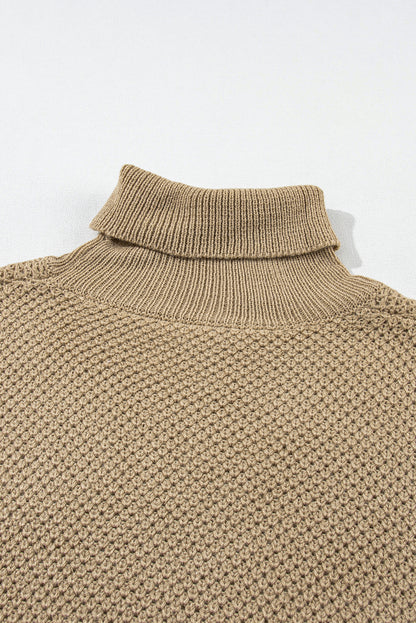 Strukturierter Rollkragenpullover mit kurzen Ärmeln in Hellkhaki