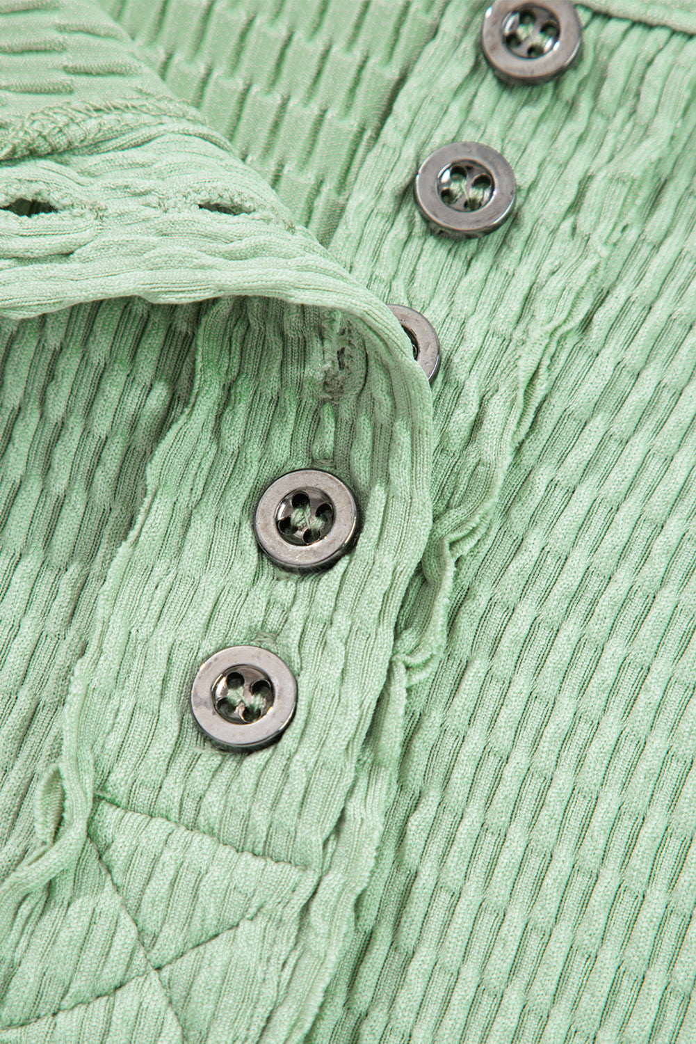 Meadow Mist Green Textured Knit Drop Shoulder Color Block Detail Long Sleeve Henley Top