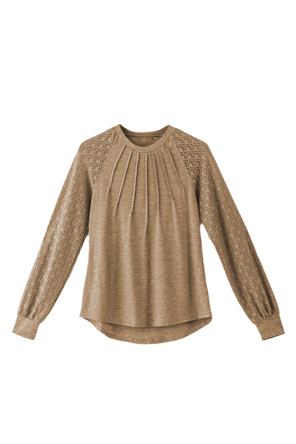 Helles französisches Beige, kontrastierendes Spitzentop mit Raglanärmeln und Rundhalsausschnitt