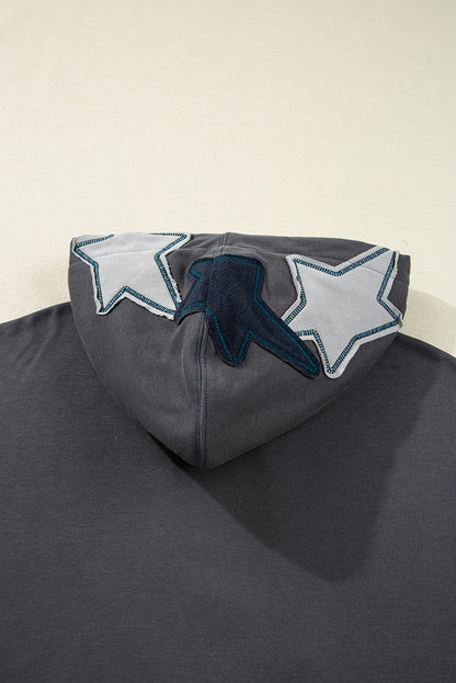 Carbon Grey Star Patchwork Contrast Stitching Mineral Wash Kangaroo Pocket Vintage Hoodie