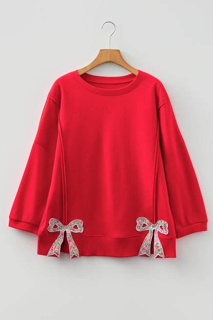 Fiery Red Floral Bow Patched Exposed Seam Patchwork Slit Baggy Sweatshirt