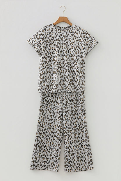 Beige Leopard Print Casual Tee and Pants 2pcs Outfit