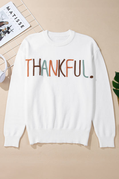 Weißer Pullover mit Stickerei „Thankful Ivory“