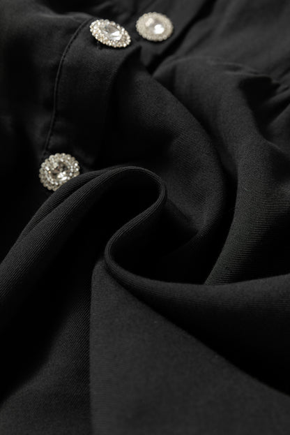 Schwarzes, elastisches, tailliertes, langärmliges Mini-Hemdkleid