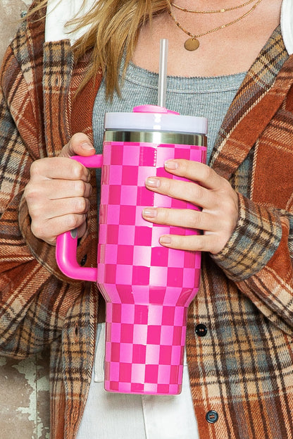 Edelstahlbecher mit Griff und Karomuster in leuchtendem Pink, 1,2 l