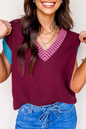 Burgundy Contrast Trim V Neck Cuffed Short Sleeve Loose Sweater