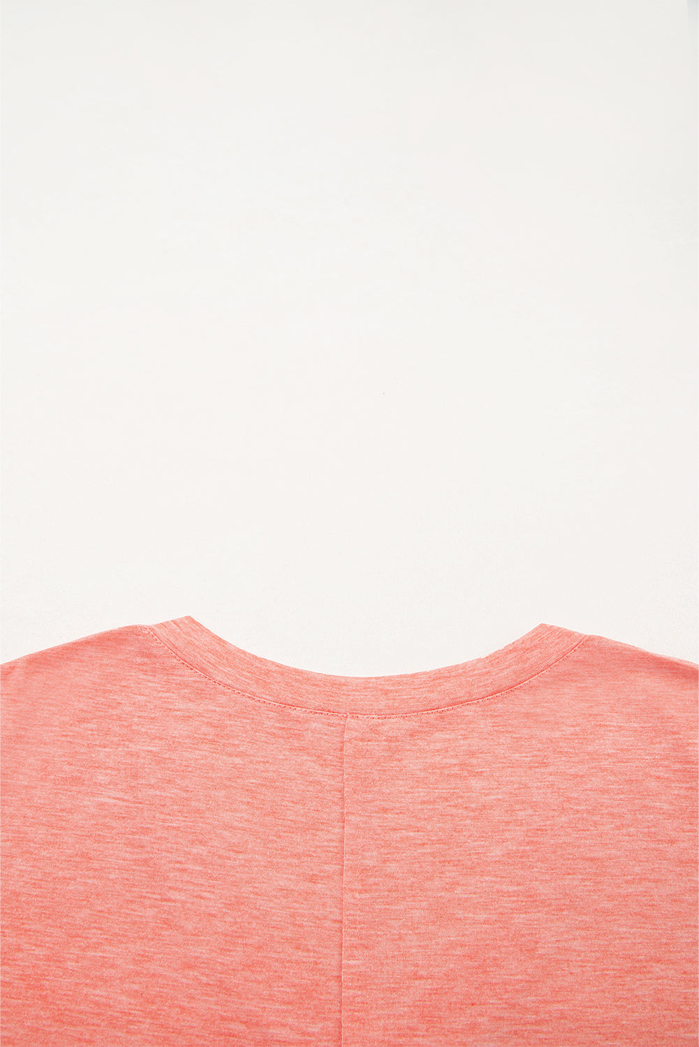 Fresh Salmon Floral Patchwork Langarm T-Shirt mit V-Ausschnitt