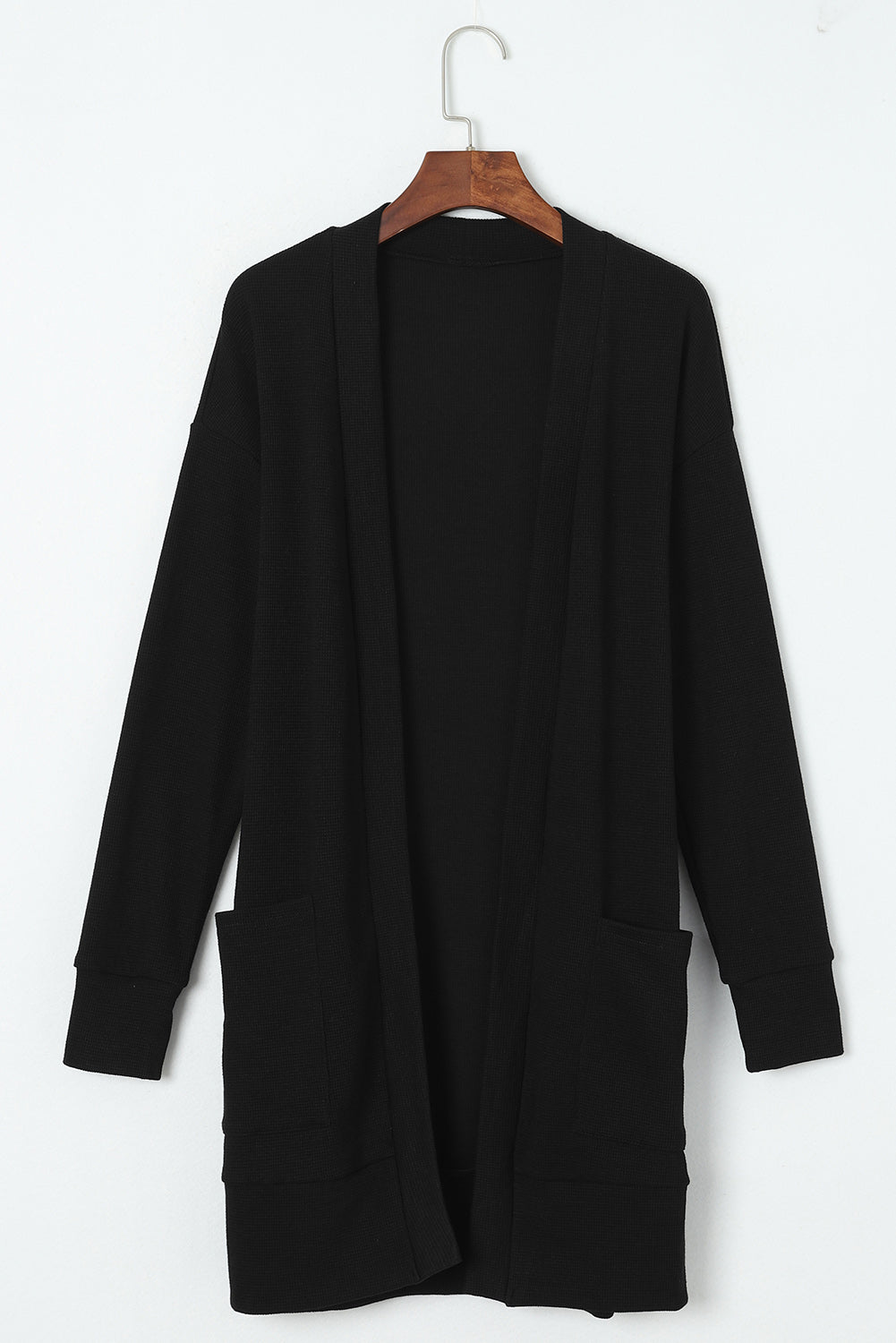 Schwarzer Thermo-Waffelstrick-Cardigan mit Taschen