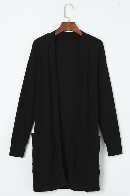 Schwarzer Thermo-Waffelstrick-Cardigan mit Taschen