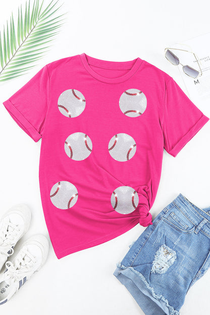 Rosarotes T-Shirt aus Baumwolle mit Baseball-Grafik und Pailletten