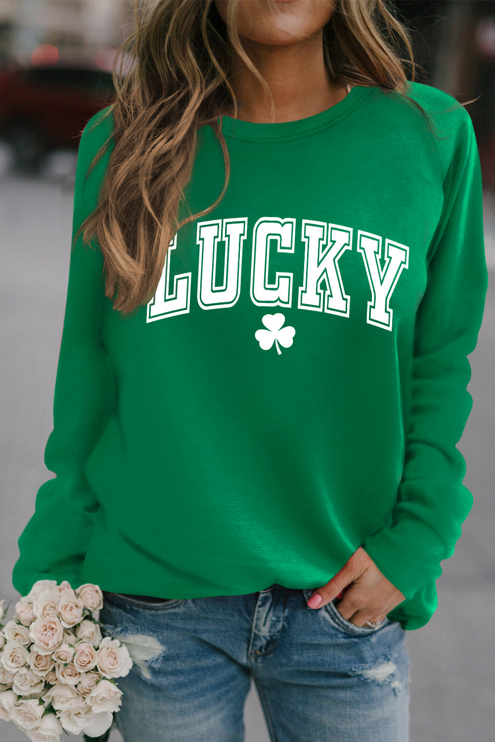 Grünes Sweatshirt mit Raglanärmeln und Glücksklee-Print von St. Patrick's Day
