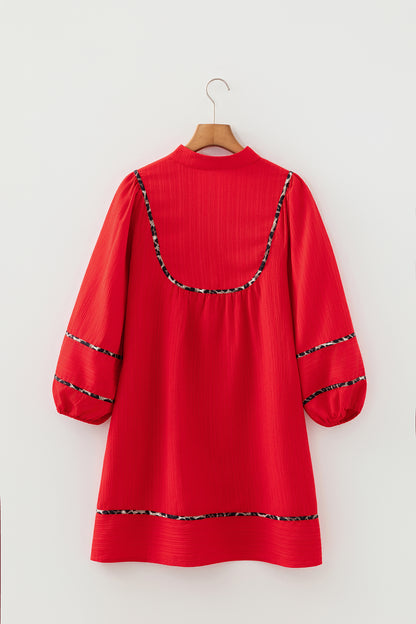 Fiery Red Textured V Neck Leopard Contrasted Trim Long Sleeve Shift Mini Dress