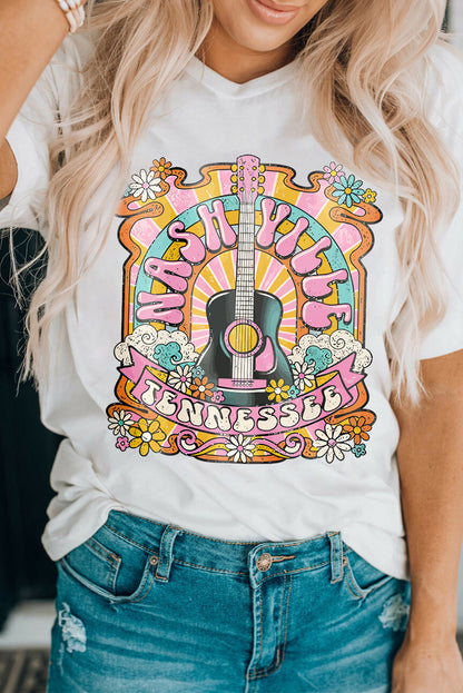 Weißes Country-Musik-T-Shirt mit NASHIVILLE-Gitarrengrafik