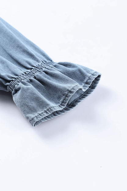 Himmelblaues, geknöpftes, langärmliges Mini-Jeanskleid