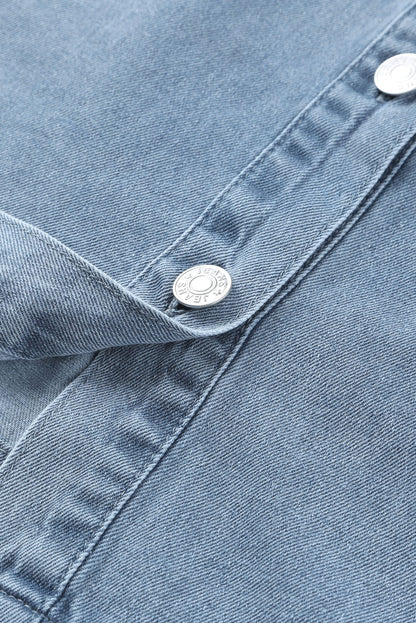 Himmelblaues, geknöpftes, langärmliges Mini-Jeanskleid