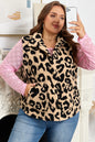 Khaki Leopard Sherpa Button Front Collared Plus Size Vest Jacket