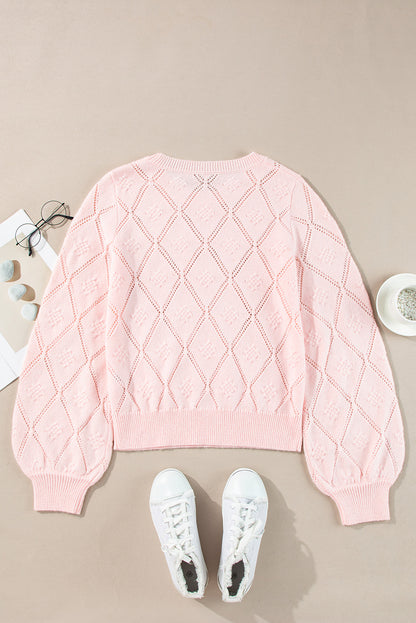 Kurzer Pullover mit durchbrochenem Karomuster und Puffärmeln in zartem Rosa