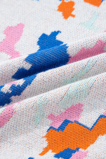 Apricot Abstract Pattern Knit Contrast Striped Trim Short Sleeve Sweater