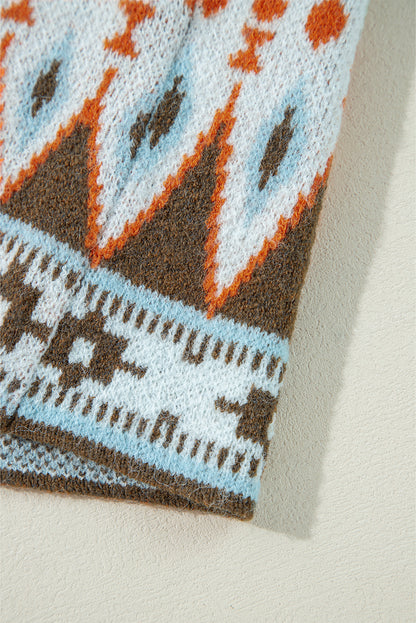 Braune Strickjacke mit offenem Vorderteil und Aztekenmuster