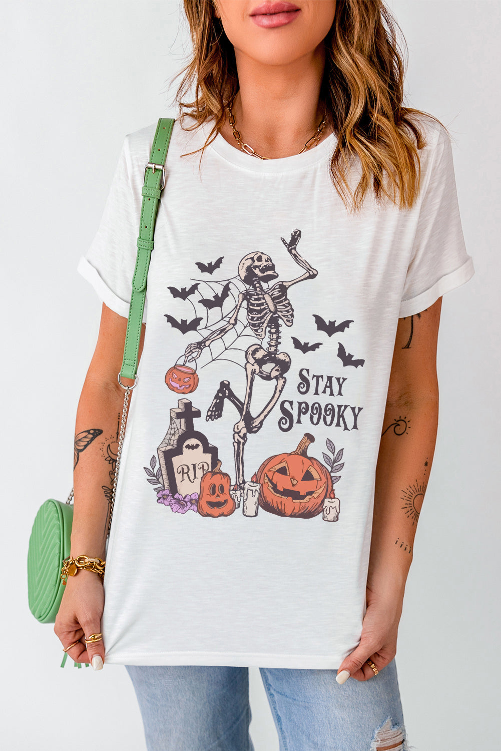 Halloween-T-Shirt mit Totenkopf-Kürbis-Gesicht, Motiv: STAY SPOOKY, Grafik
