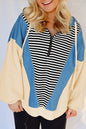 Black Stripe Denim Color Block Quarter Zip Baggy Drawstring Hoodie