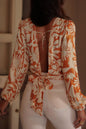 Orange Floral Print Knotted Open Back Long Sleeve Blouse