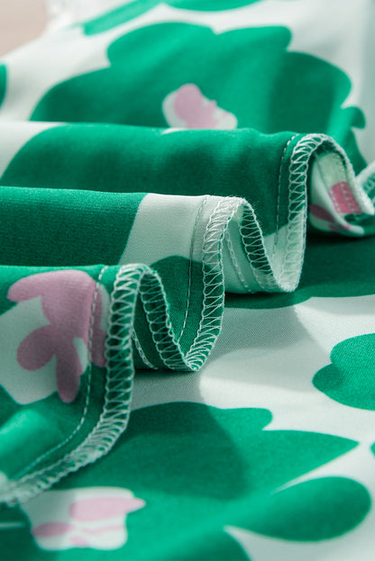 Grüne Bluse mit Blumenmuster, Puffärmeln und Rüschenausschnitt
