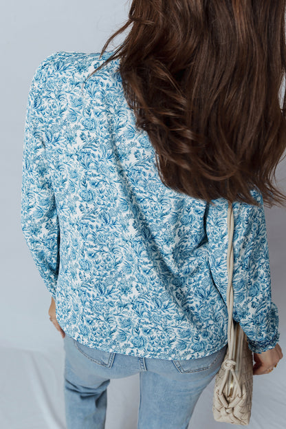 Sky Blue All Over Floral Puff Sleeve Shirt