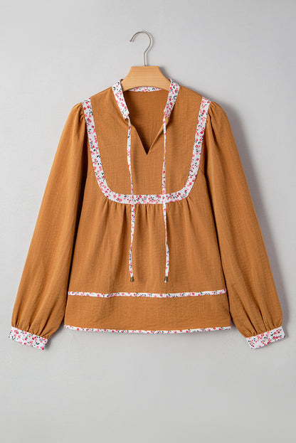 Straw Yellow Split Neck Pleated Floral Trim Long Puff Sleeve Blouse