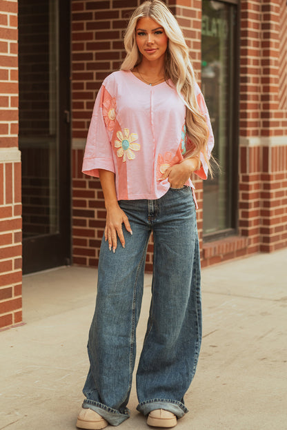 Pink Flower Patched Exposed Seam Bracelet Sleeve Oversized T Shirt